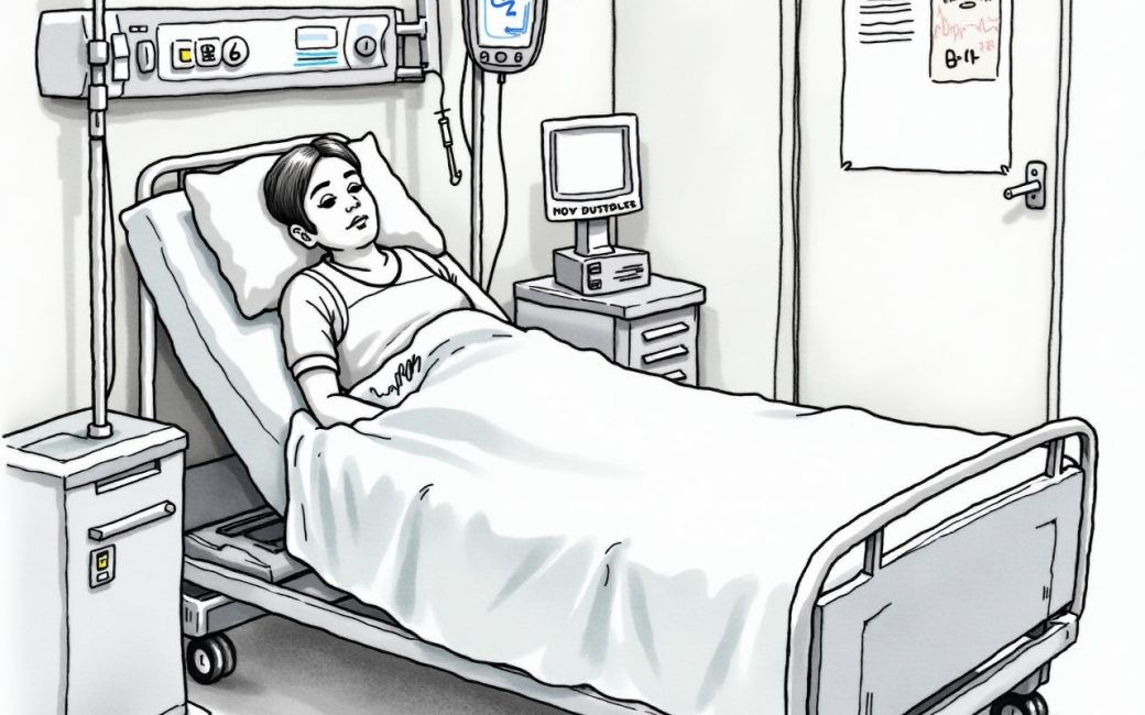 Patient in a hospital bed with IV equipment and monitoring devices during an inpatient stay