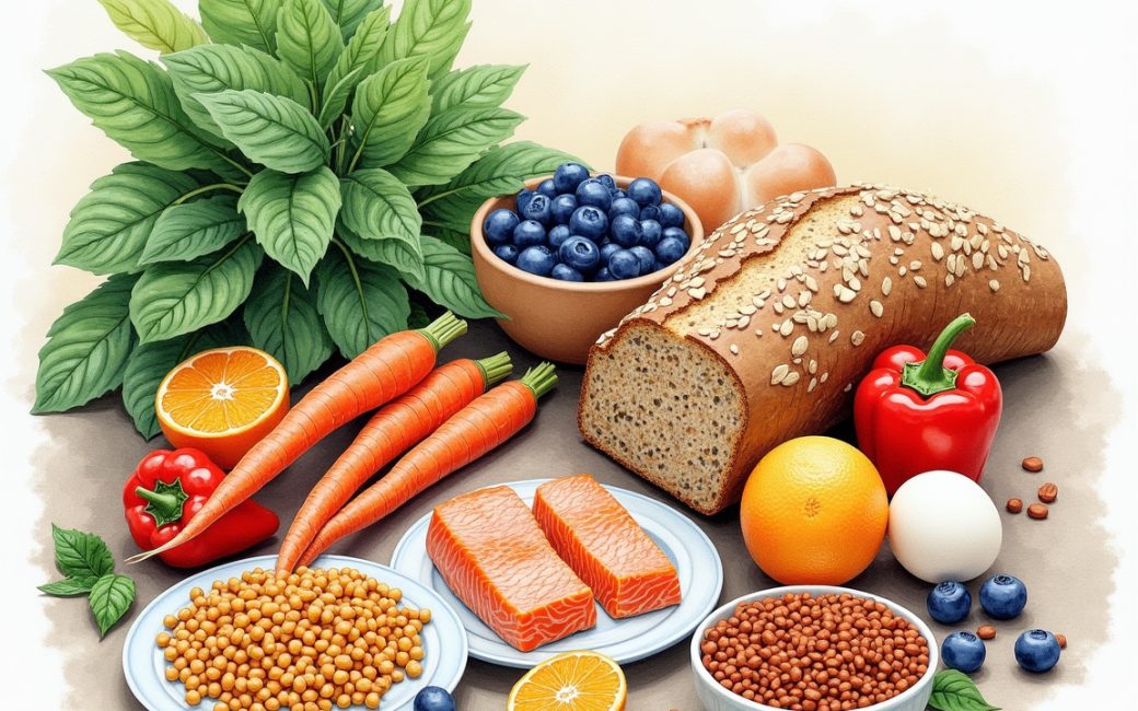 Array of whole foods including vegetables, fruits, grains, legumes, and fish representing nutrient-dense foods.