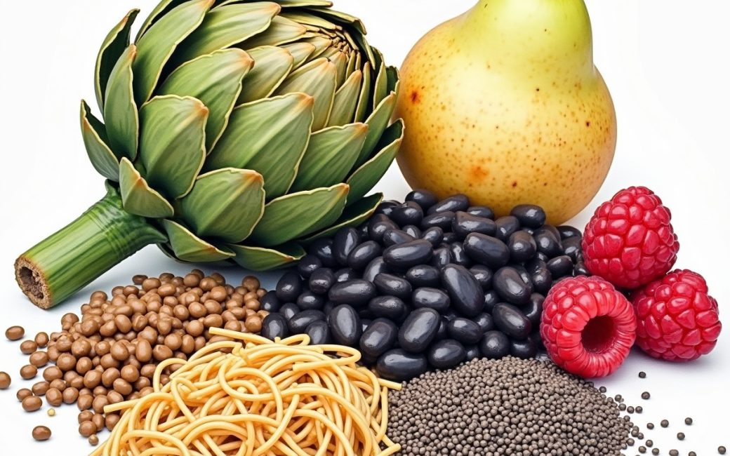 An assortment of legumes, whole grains, fruits, and seeds rich in dietary fiber