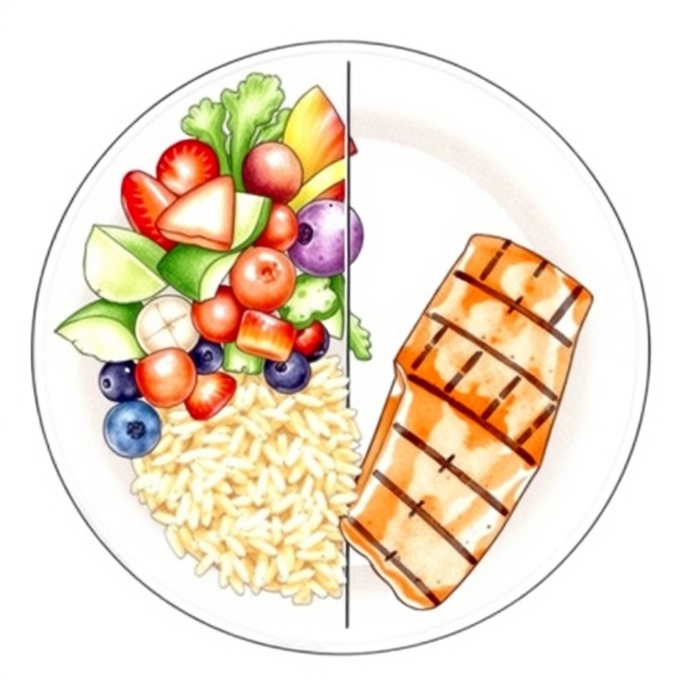 A dinner plate divided into portions of vegetables, whole grains, and lean protein showing balanced meal proportions.