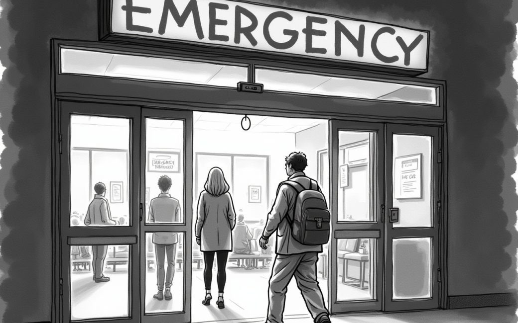 Patient entering a lit hospital emergency department entrance at night