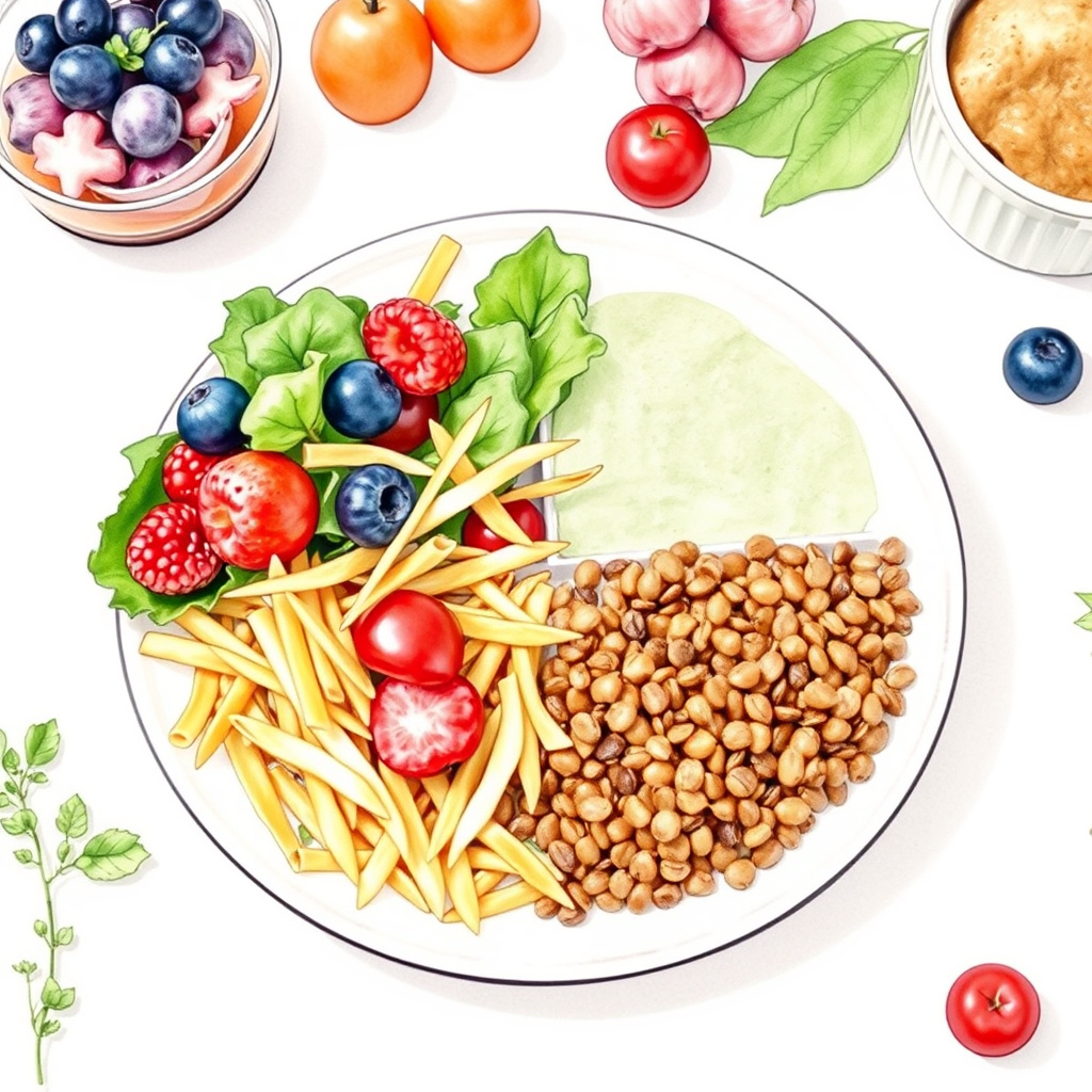 A balanced meal plate showing proper proportions of vegetables, whole grains, and protein