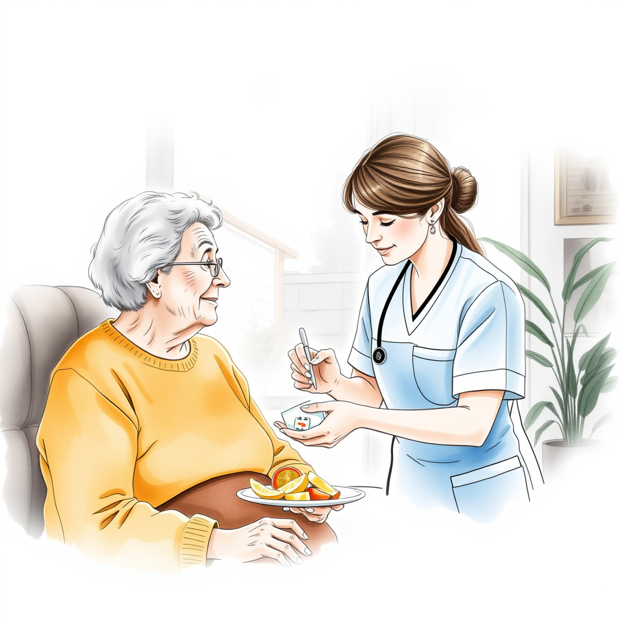 A caregiver helping an elderly person with medication or food preparation in their kitchen.