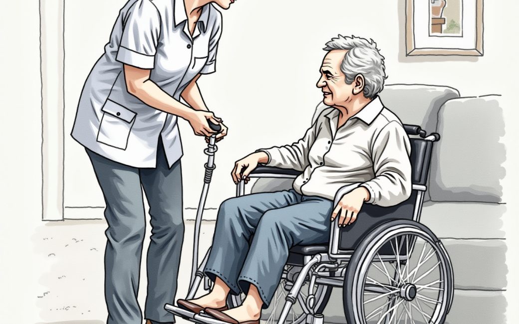 An elderly person being helped by a caregiver during a daily living task at home.