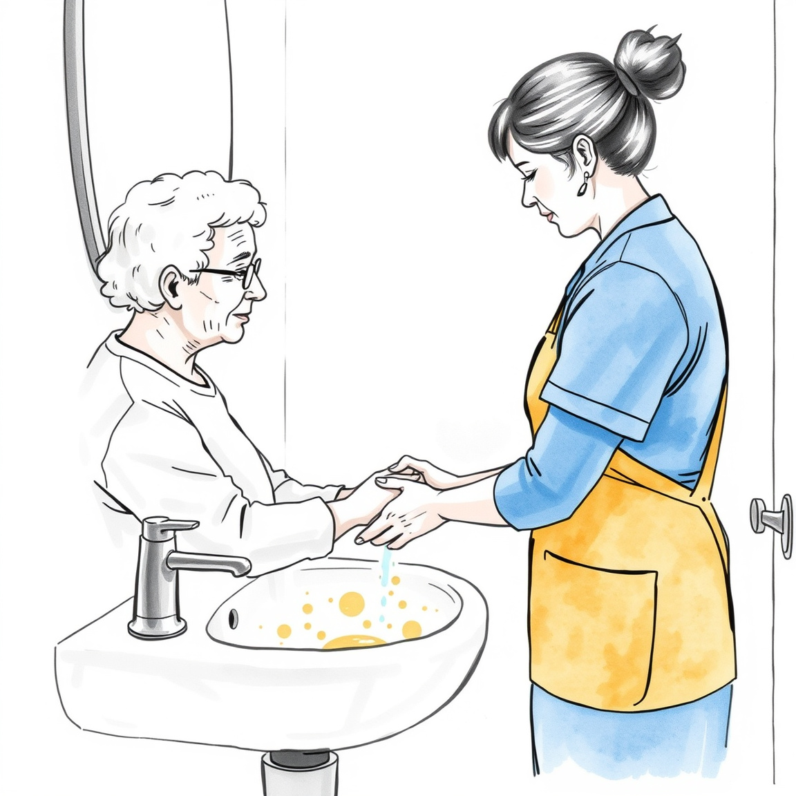 A caregiver helping an older adult with personal hygiene at a bathroom sink