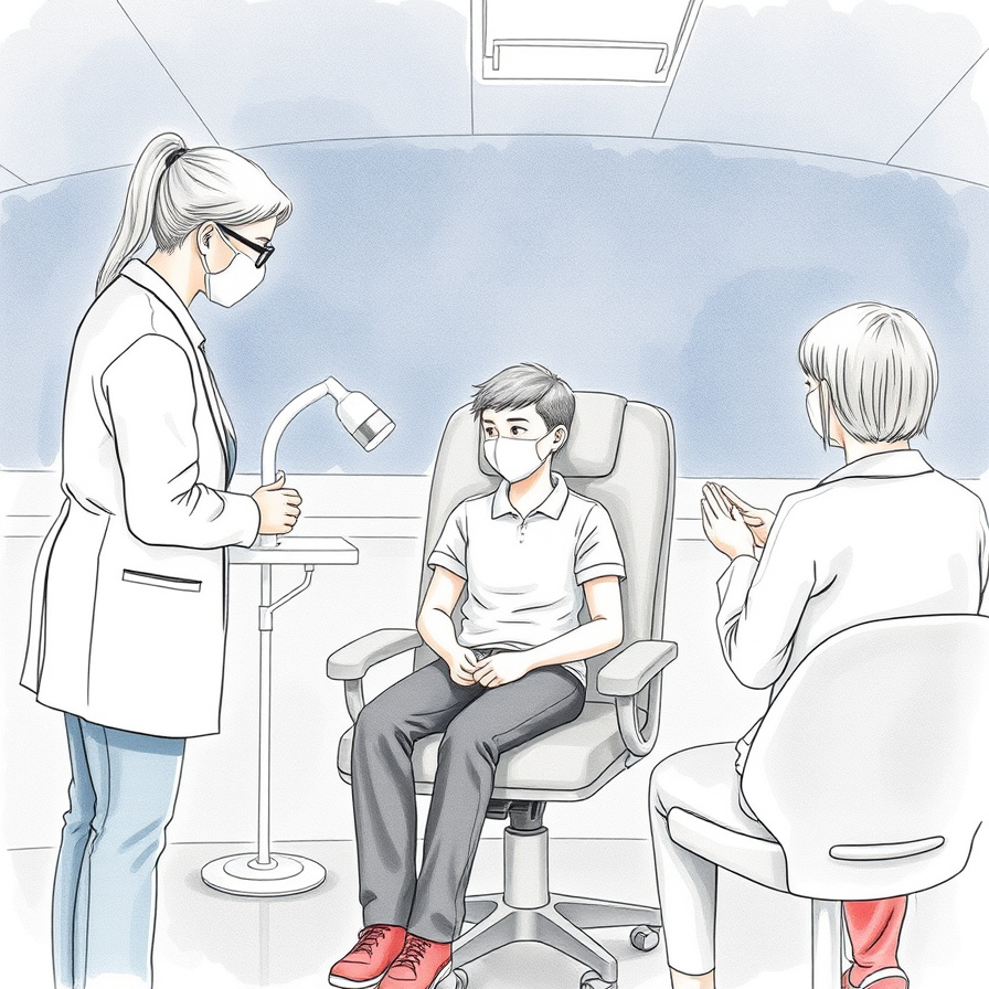 Patient seated for observation period following HPV vaccine administration, with staff monitoring nearby.
